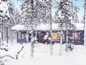 A cabin surrounded by snow-covered trees. - Aarrekammi by Interhome (Inari)