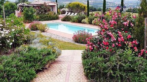 Une piscine entourée d’une végétation luxuriante et de plantes en fleurs, avec une vue sur des collines lointaines.