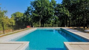 Ein rechteckiger Pool mit klarem, blauem Wasser, umgeben von einer gefliesten Terrasse und Bäumen.