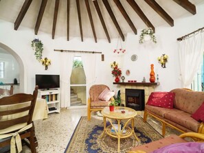 Una televisión, una chimenea, un reproductor de DVD