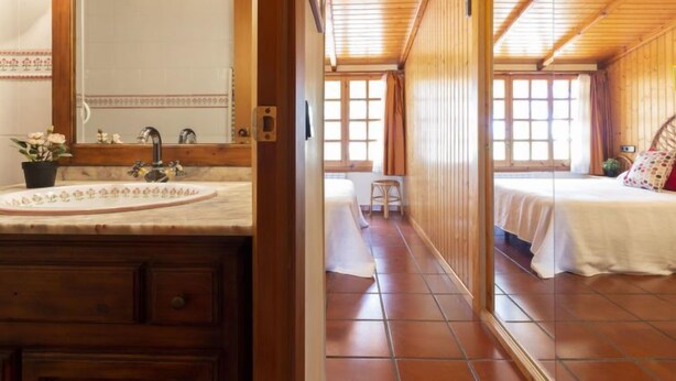 Interior de una cabaña de madera con baño que incluye un lavamanos, espejo y planta en maceta.
