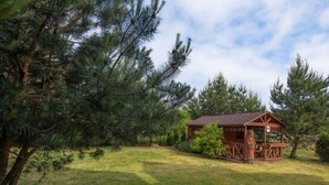 A rustic cabin with a wooden deck and a picnic table, surrounded by dense pine trees.