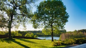 Une table de pique-nique sur une terrasse en bois donnant sur un lac, avec des arbres et des zones herbeuses.