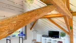 Une pièce avec des poutres apparentes, un meuble blanc pour la télévision avec un écran plat, et une fenêtre d’où pend une plante au plafond.