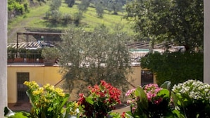 Une vue depuis un balcon, avec un paysage rural en arrière-plan, comprenant des arbres et un bâtiment à la façade jaune.