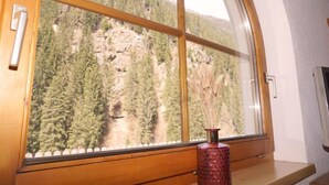 Una habitación con un amplio ventanal que ofrece vistas a una montaña boscosa.