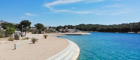 A beach with a clear blue pool, steps leading into the water, and a forested hill in the background.
