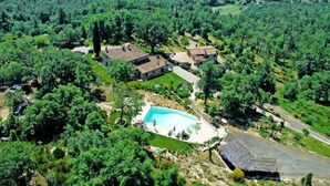 Una extensa propiedad con varias construcciones rodeadas de un bosque frondoso, una piscina y un césped cuidado.