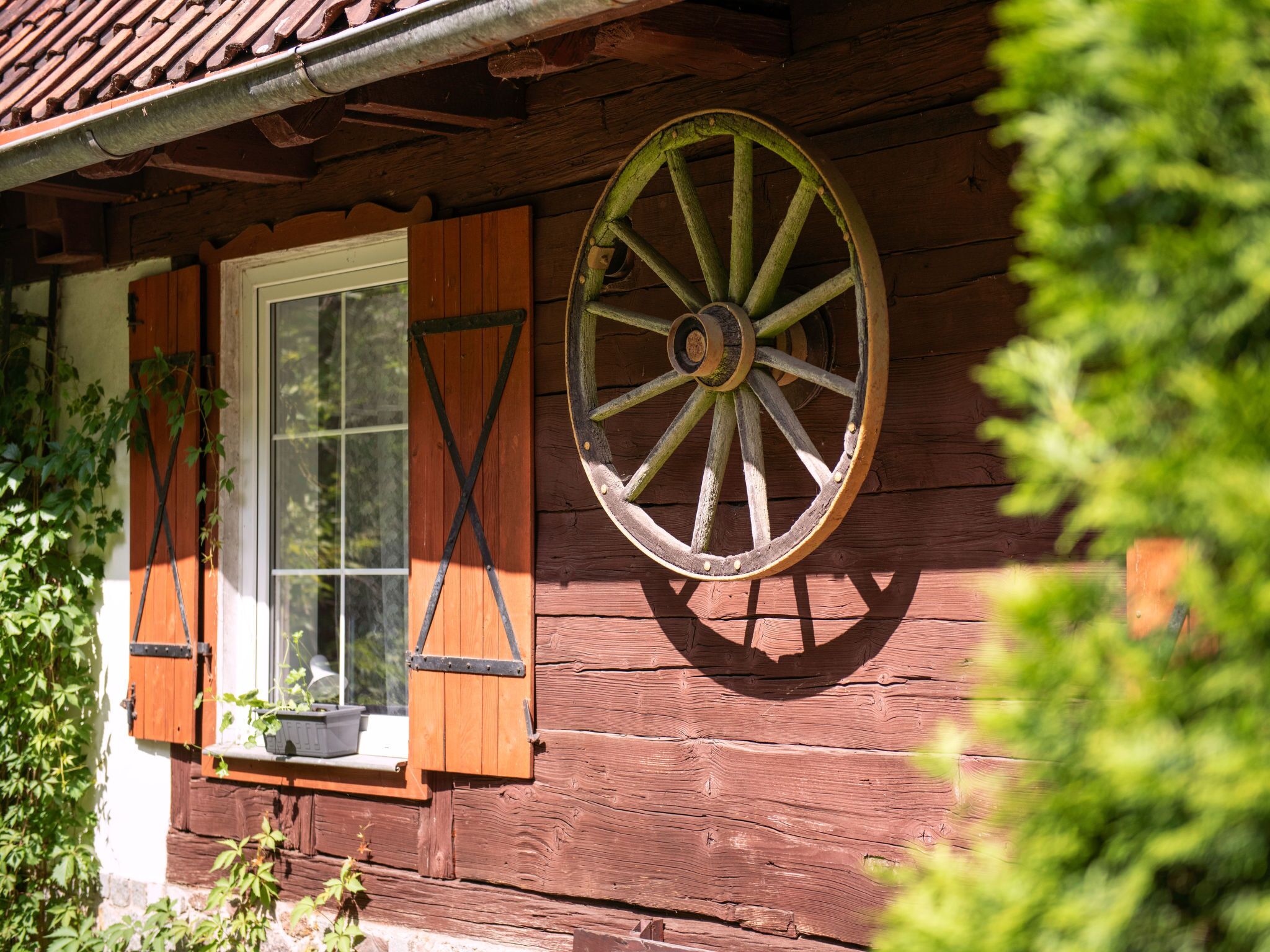 Une construction rustique en bois, ornée d’une grande roue en bois fixée au mur, d’une fenêtre avec des volets et d’une petite plante posée sur le rebord de la fenêtre.
