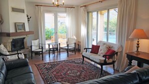 Un salon avec une cheminée, un canapé, un fauteuil, une table et un tapis.