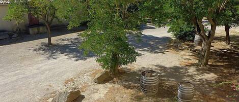 Un espace extérieur bordé d’arbres, avec un chemin pavé, un bac en pierre contenant de petites plantes et deux barils en métal.