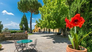 Eine Außenpatio mit einem runden Tisch, Stühlen, einem Topf mit einer roten Blume und Blick auf ein Gebäude im Hintergrund.