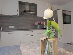 Fridge, oven, dishwasher, cookware/dishes/utensils