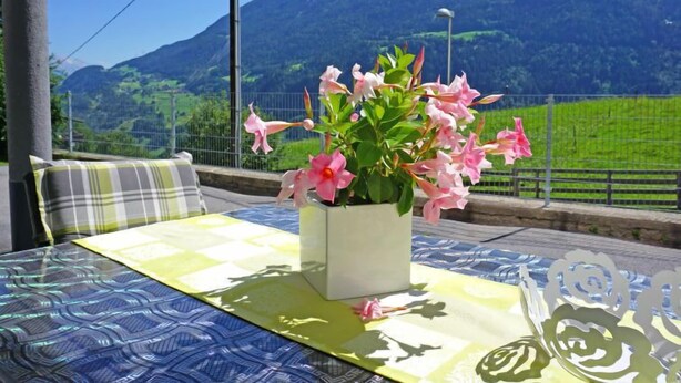 Une table recouverte d’une nappe à carreaux, un vase rempli de fleurs roses et une vue sur un paysage montagneux.