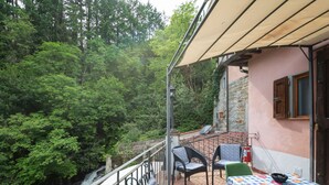 Een balkon met buitenplaatsen, een tafel met een tafelkleed met fruitprint, en uitzicht op een bebost gebied.
