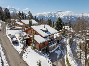 A wooden lodge with a snow-covered roof, a covered porch, and a view of snow-capped mountains.