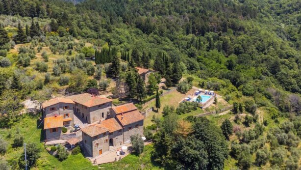 Une villa avec piscine, entourée d’une végétation luxuriante et avec des montagnes en toile de fond.