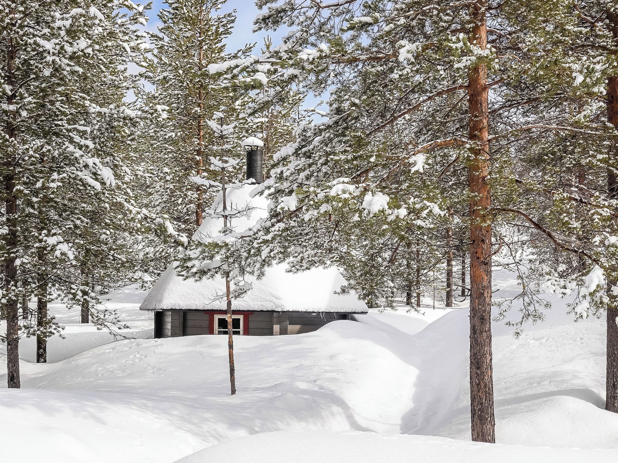 Una cabaña nevada rodeada de árboles.