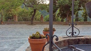 Ein gepflasterter Innenhof mit Terrakotta-Pflanzgefäßen und Metallelementen.