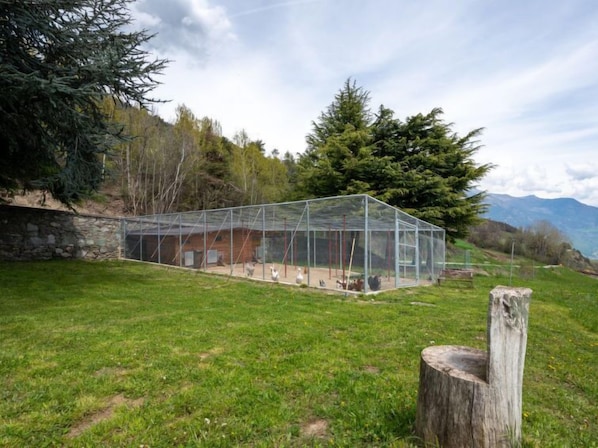 A glass-enclosed structure with a stone wall and a wooden post in a grassy field with trees and mountains in the background. - Hérisson by Interhome (Sarre)