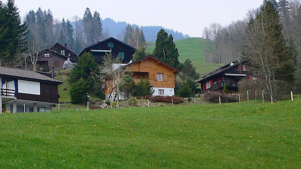 Un paysage rural avec plusieurs maisons en bois, un champ verdoyant et une colline en arrière-plan.