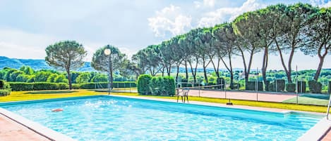 A rectangular swimming pool with a herringbone-patterned deck, surrounded by neatly trimmed hedges and trees, under a clear sky.