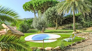 A landscaped garden with a circular pool, palm trees, and a stone pathway.