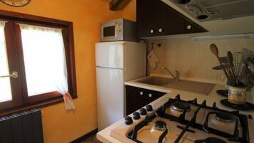 Fridge, microwave, oven, cookware/dishes/utensils