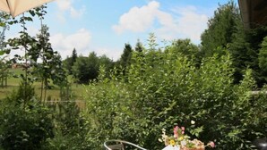 An outdoor patio with a table and chairs, surrounded by lush greenery and a clear sky. - Kleine Winten by Interhome (Geinberg)