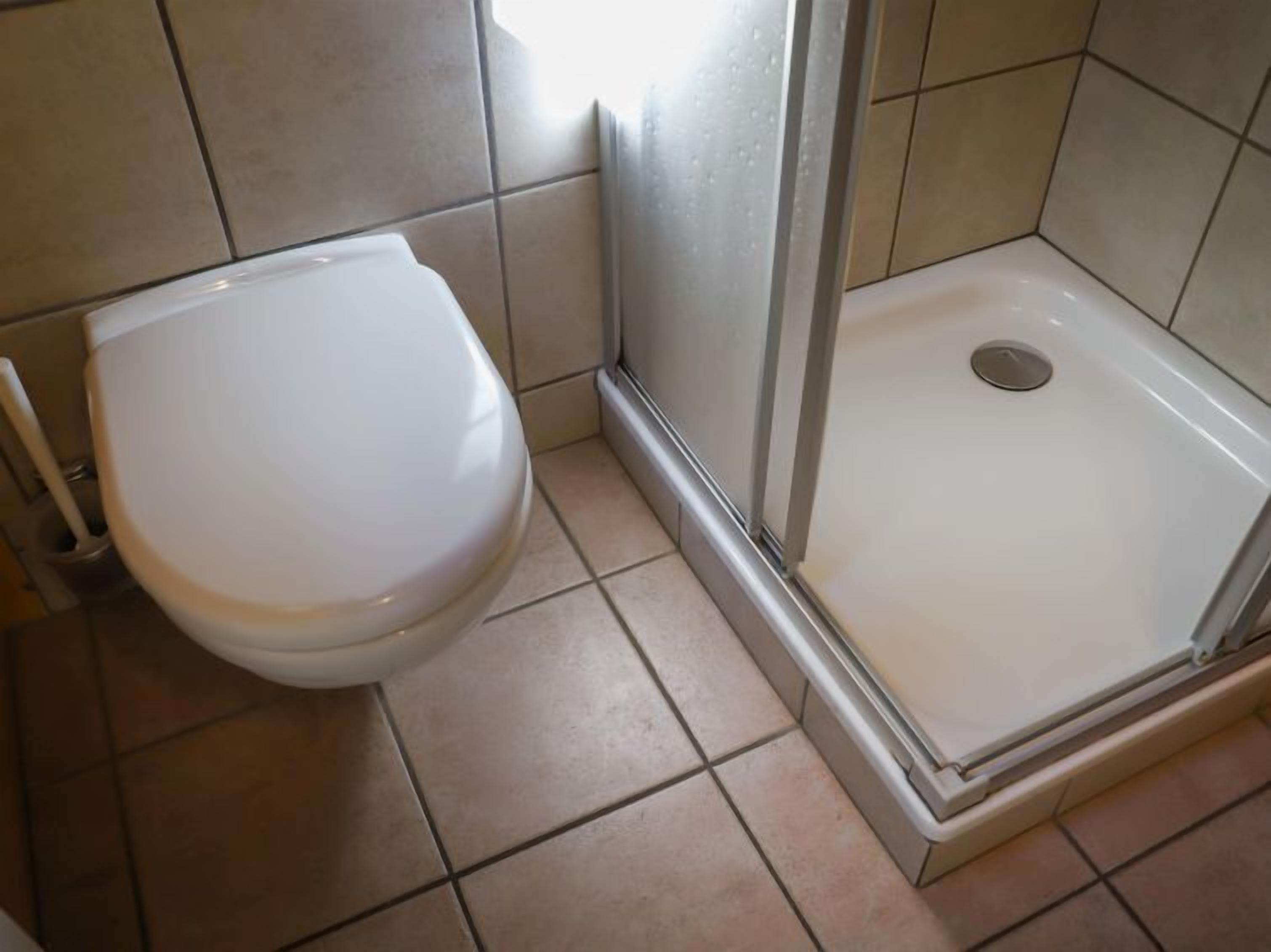 Un baño con inodoro blanco y cabina de ducha de vidrio.