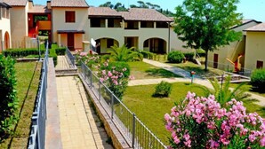 A residential area with multiple two-story houses, a paved walkway, and well-maintained gardens with pink flowers.