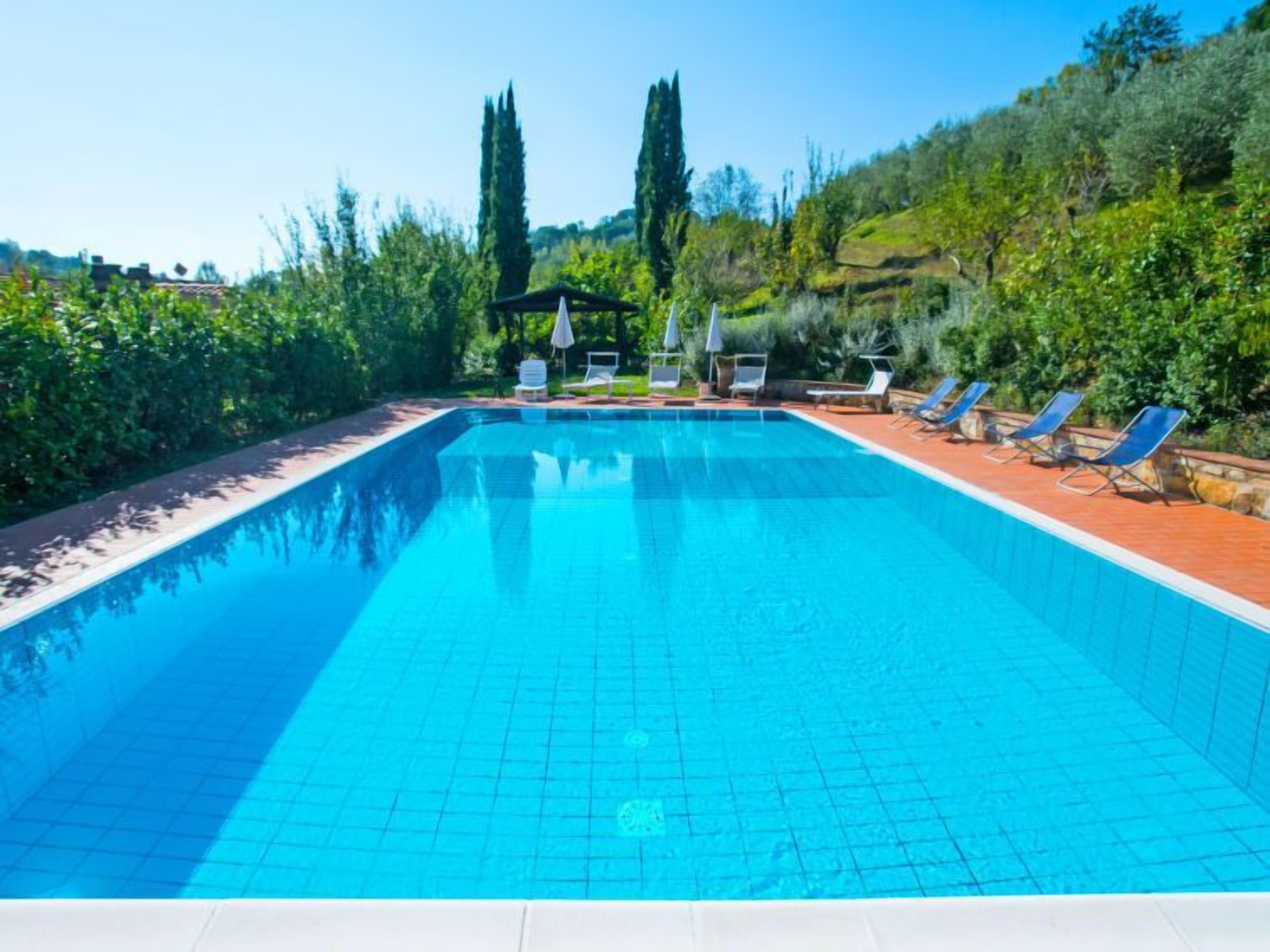 A rectangular swimming pool with a tiled deck, surrounded by lounge chairs and umbrellas, set against a backdrop of greenery and hills.