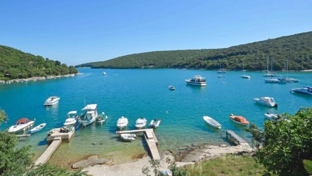 A marina with various boats docked, surrounded by clear blue water and green hills. - Mario 1 by Interhome (Pula/Krnica)