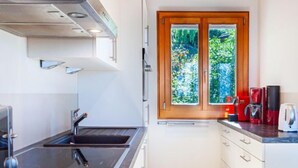 A modern kitchen with a double sink, stainless steel appliances, and a window with a view of greenery. - Mustela by Interhome (Nendaz)