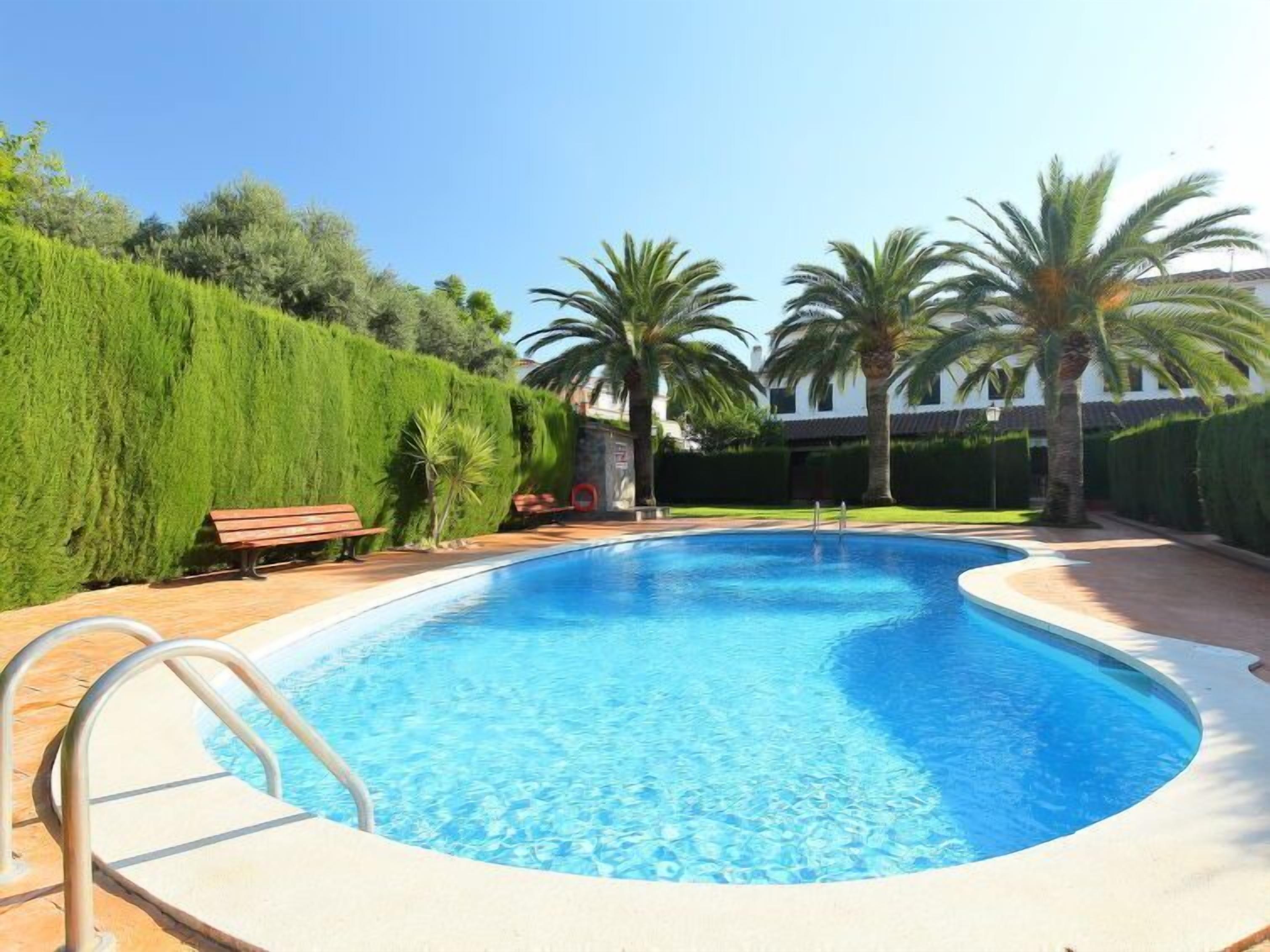 A swimming pool with a curved edge, surrounded by a paved deck, a wooden bench, and palm trees.
