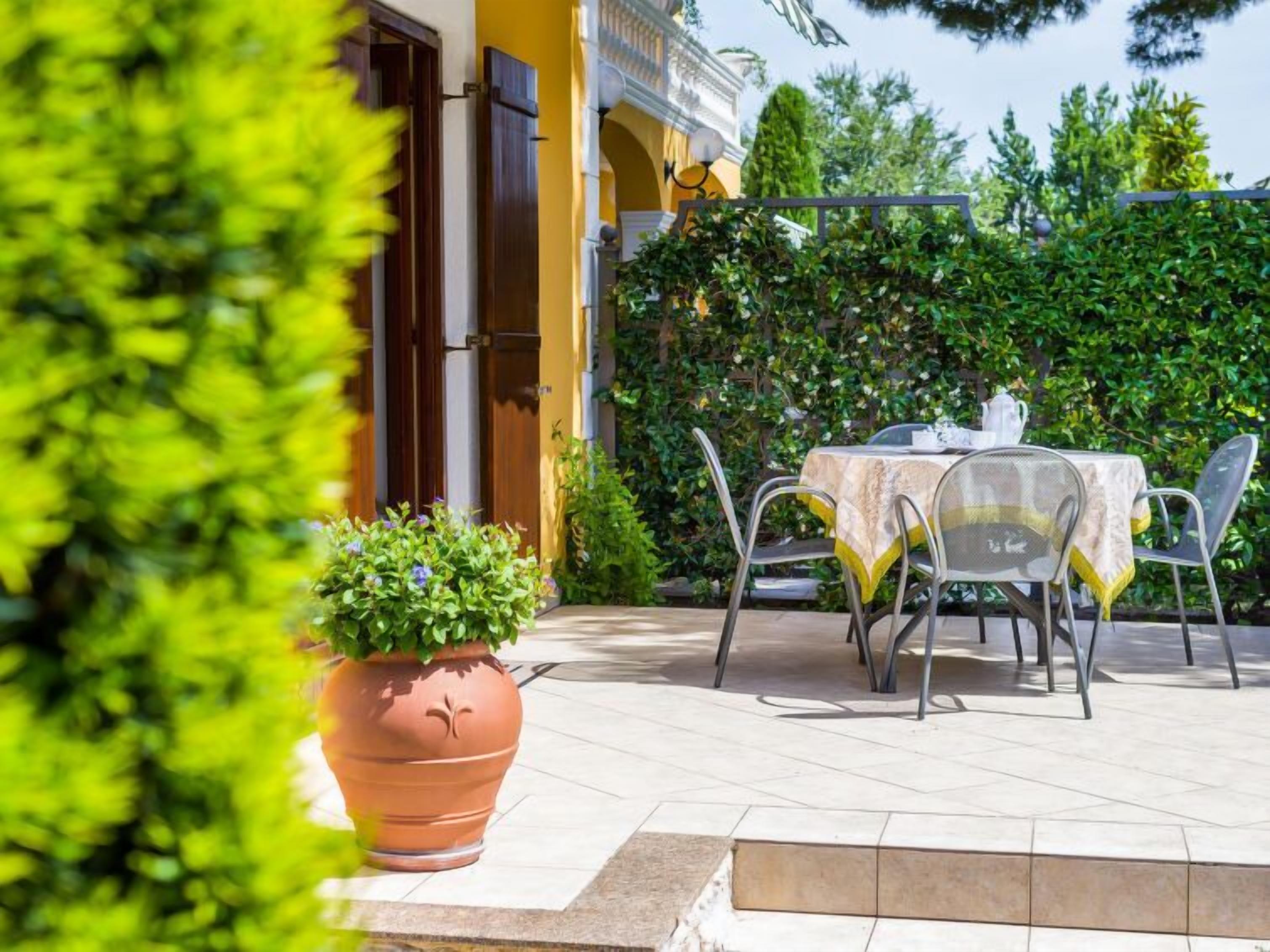 A patio with a table and chairs, a potted plant, and a yellow building in the background.