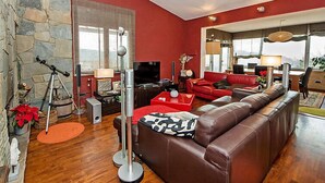 Un salon moderne avec un mur d’accent en pierre, un canapé rouge, une grande fenêtre et une cheminée.
