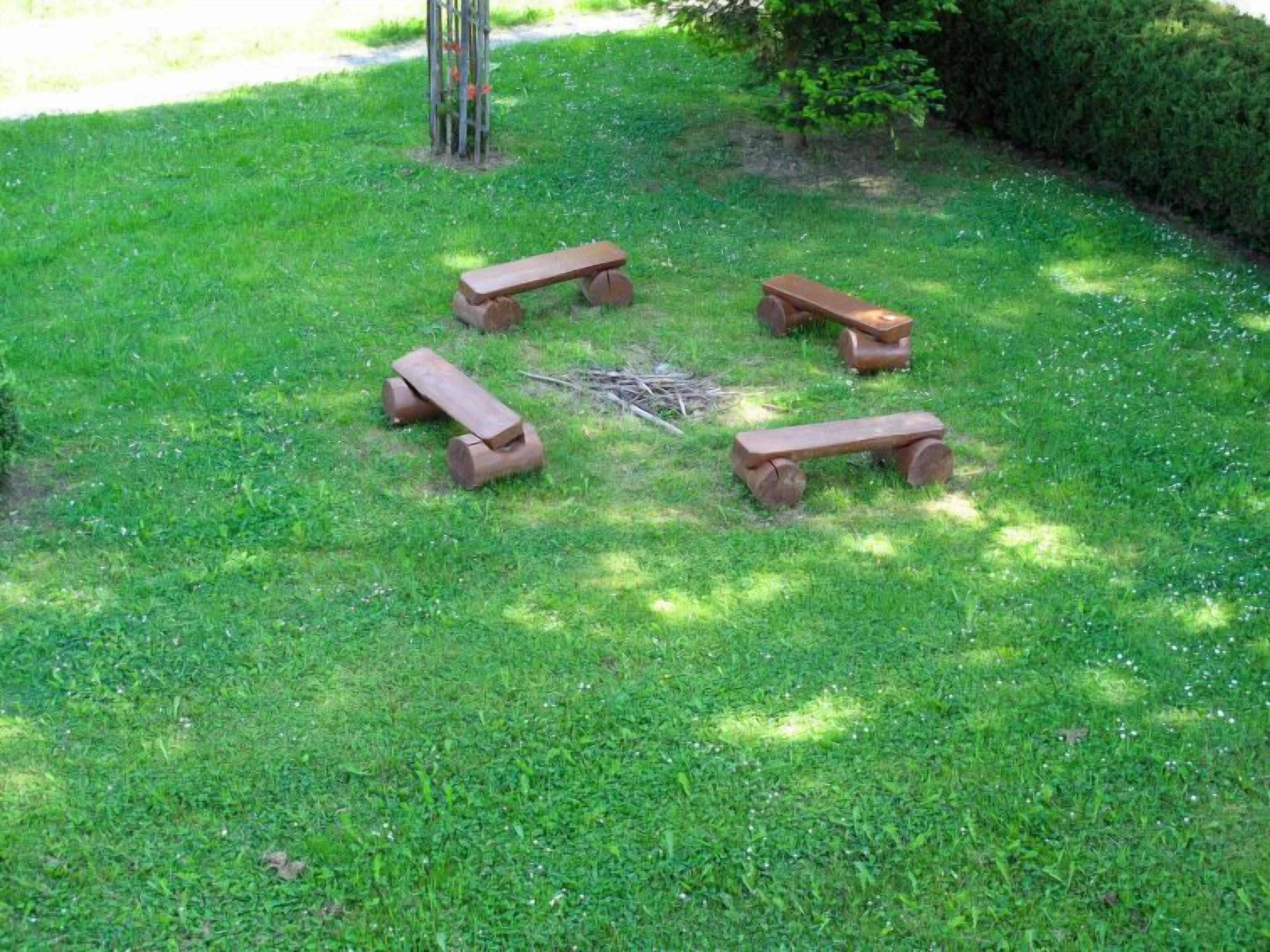 Four wooden benches arranged in a circle on a grassy lawn.