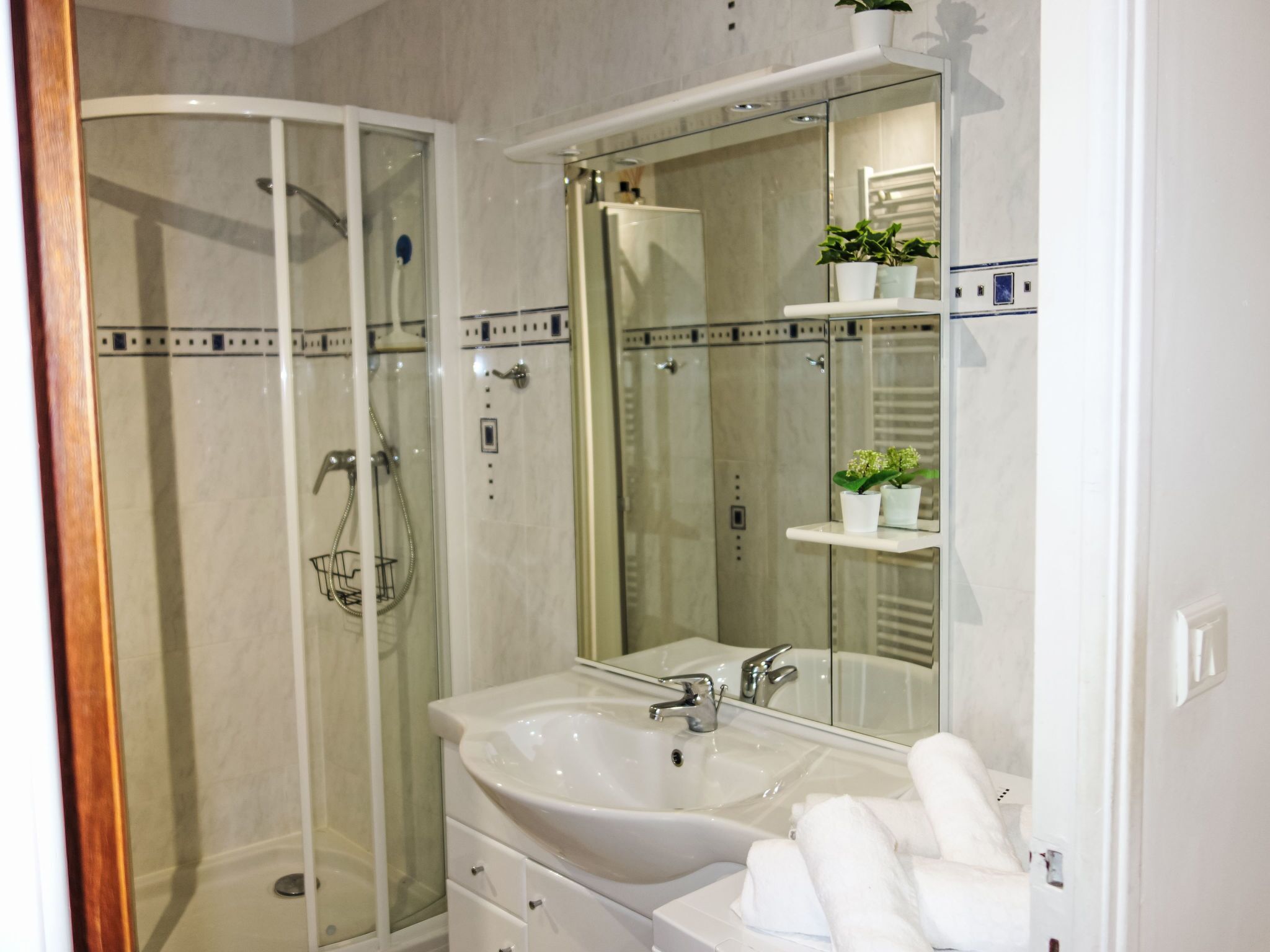 Un baño moderno con ducha de vidrio, lavamanos blanco y espejo grande.