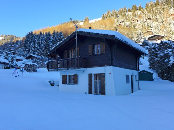 Una casa de madera de dos pisos con balcón, rodeada de árboles cubiertos de nieve y un cielo despejado.