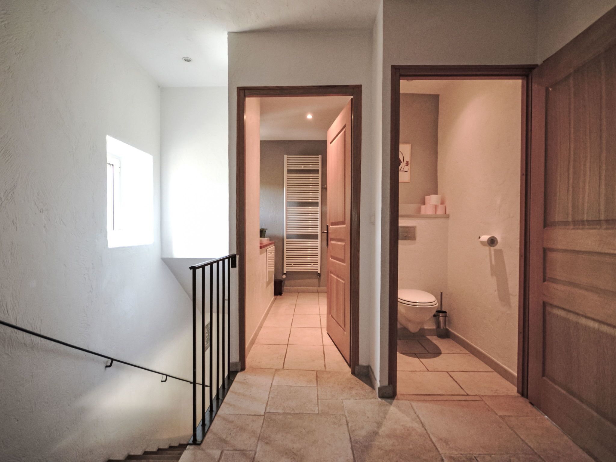 A hallway with a staircase leading to a room with a toilet and a shower area.