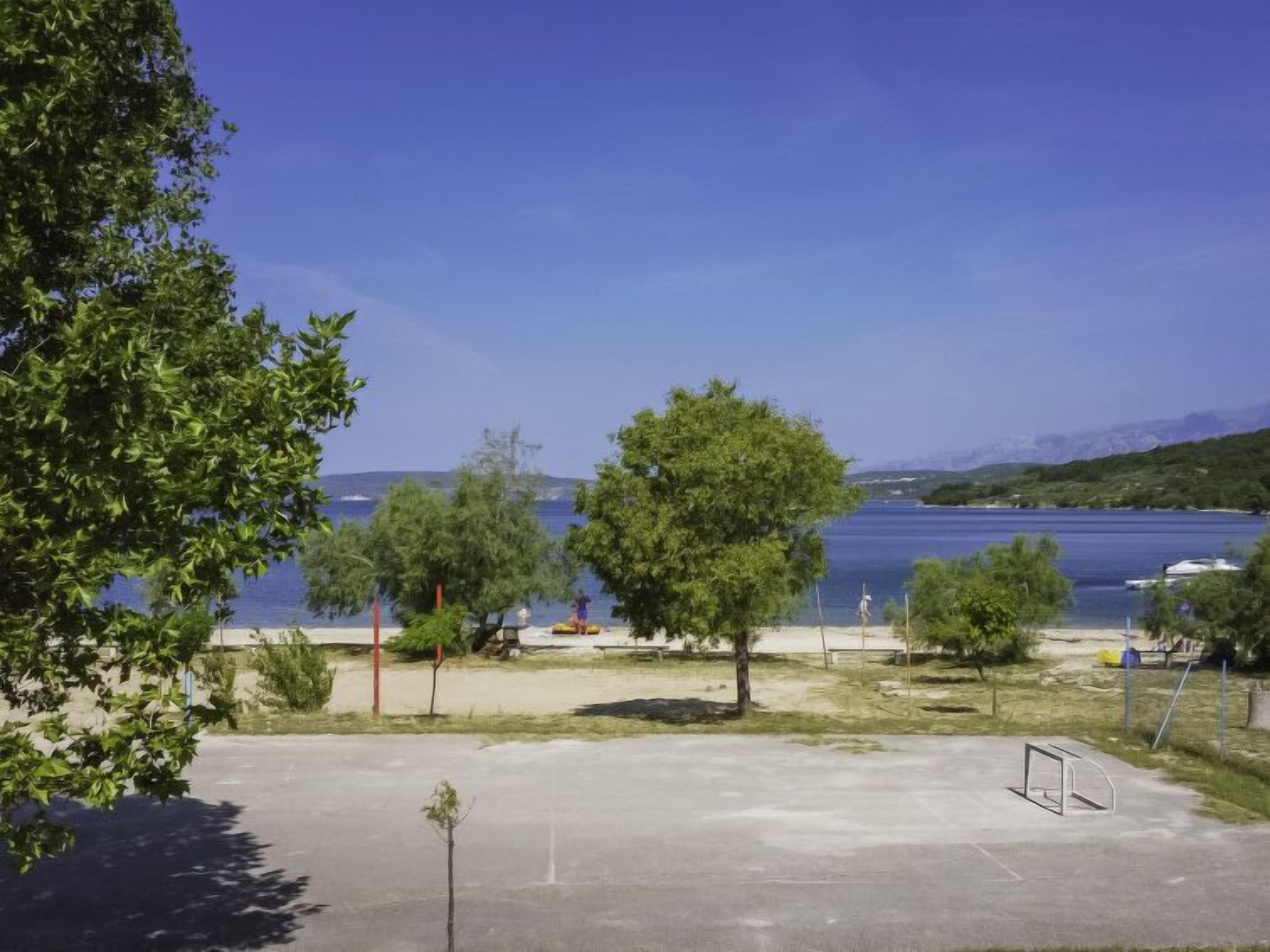Une vue d’une plage, avec un ciel bleu dégagé, des arbres et une étendue d’eau.