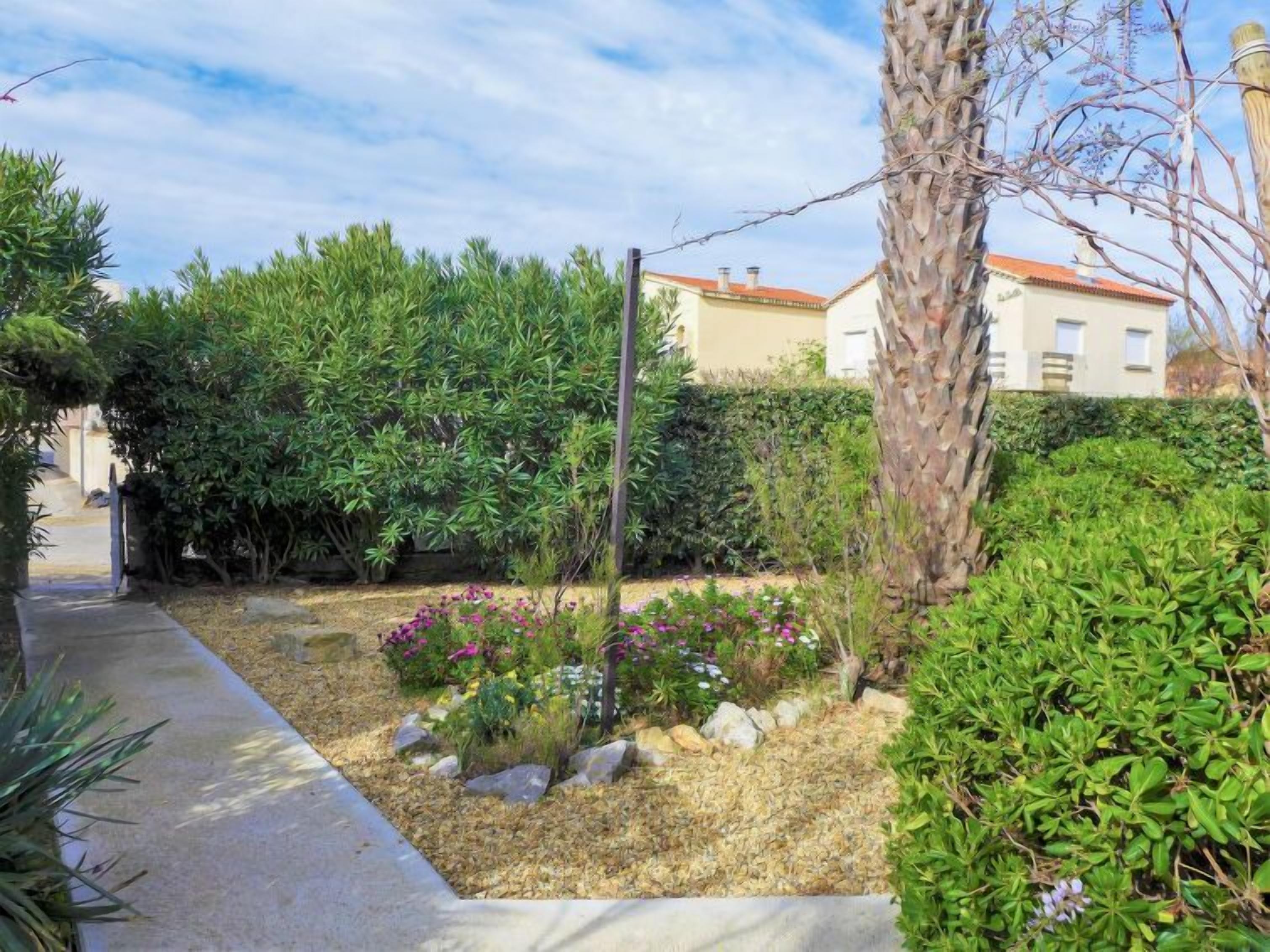 Un jardin où l’on trouve une grande variété de plantes, ainsi qu’un sentier.