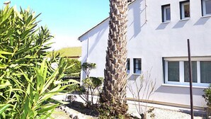 Ein weißes Gebäude mit einer flachen Dachterrasse, einer Palme und einem kleinen Garten mit verschiedenen Pflanzen.