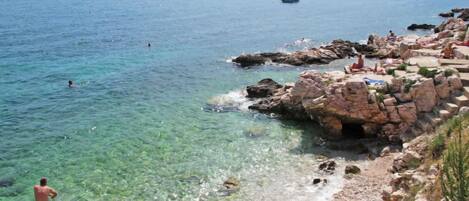 A coastal area with clear water, rocky shore, and distant mountains.