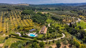 Una extensa propiedad con piscina, rodeada de olivares y jardines cuidados.