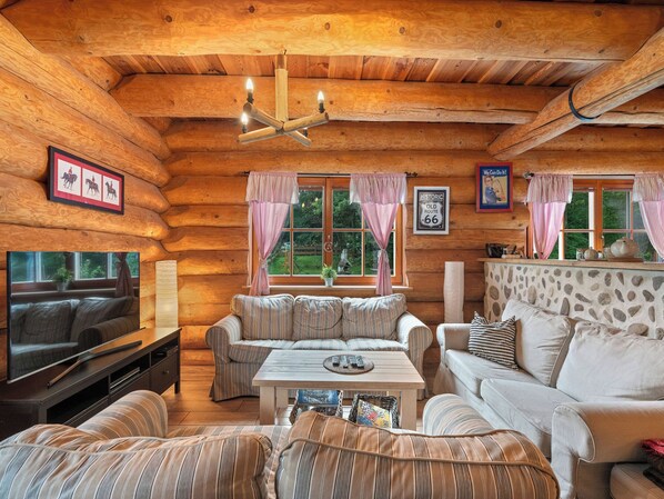 Flat-screen TV, fireplace, DVD player