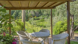 A covered patio with wicker furniture and a view of a vineyard. - I Noccioli by Interhome (Rufina)