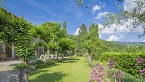 A well-maintained garden with a stone wall, a grassy lawn, and flowering plants. - I Noccioli by Interhome (Rufina)