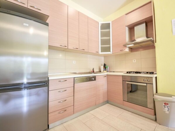 Fridge, oven, dishwasher, cookware/dishes/utensils